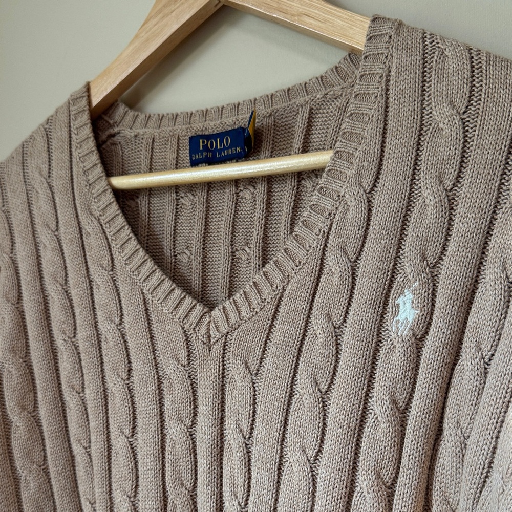 Polo by Ralph Lauren Women's Cable V-Neck Sweater — Light Taupe - Picture 2 of 4
